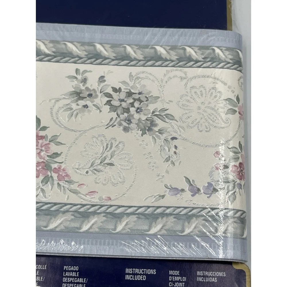 ViNtage Mirage prepasted Wallpaper Border Blue / Pink Flowers 5 yards NEW